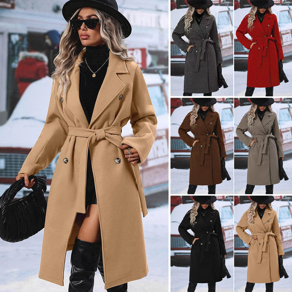 Women’s Double-Breasted Wool Coat with Belt – Elegant Long Winter Overcoat